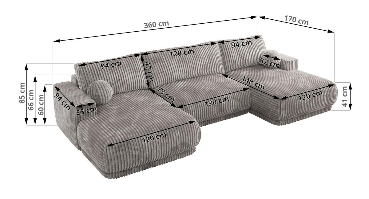 WOHNLANDSCHAFT RINA U Hellgrau Cord - Hellgrau/Schwarz, Kunststoff/Textil (360/85/170cm) - MKS