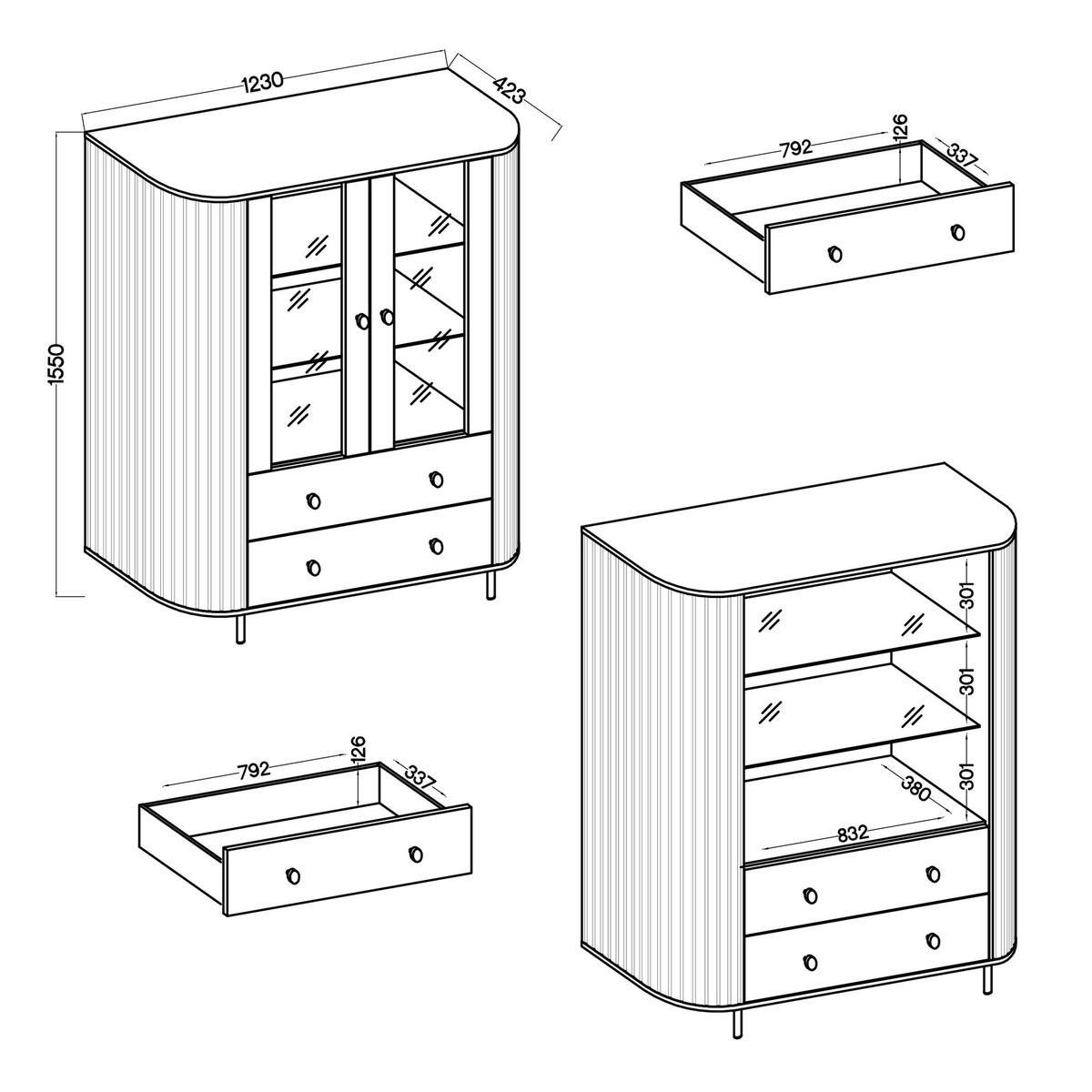 VITRINE Halay Eiche Cremona, 2 Türen & 2 Schubladen Moderne Rillenstruktur, mit runden Kanten - Eichefarben/Schwarz, Holzwerkstoff/Metall (123/155/42.3cm) - AX Living