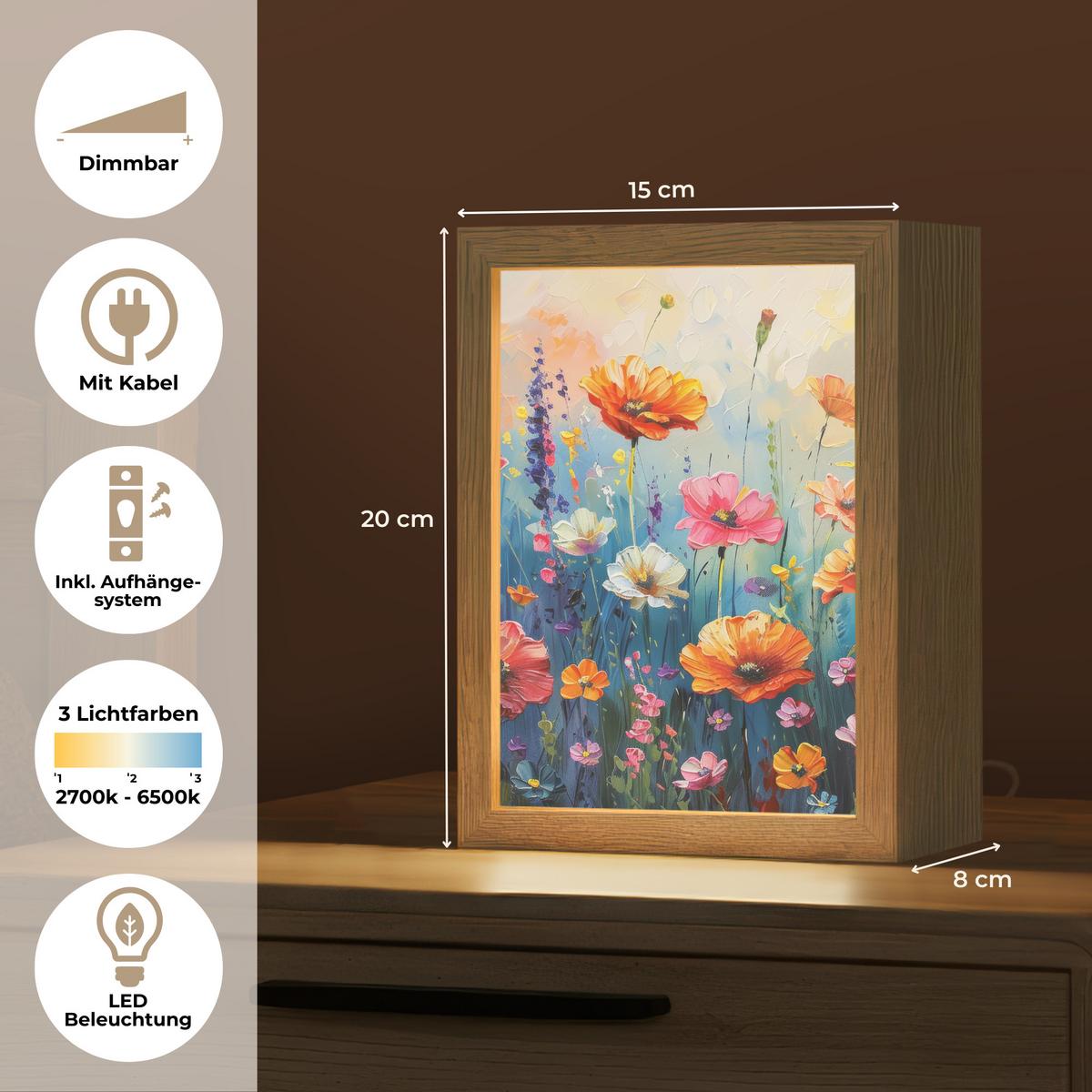 WANDLEUCHTE Blumen - Natur - Aquarell - Kunst 15x20 cm - Multicolor, Holzwerkstoff (15/20/8cm) - OnlyWow