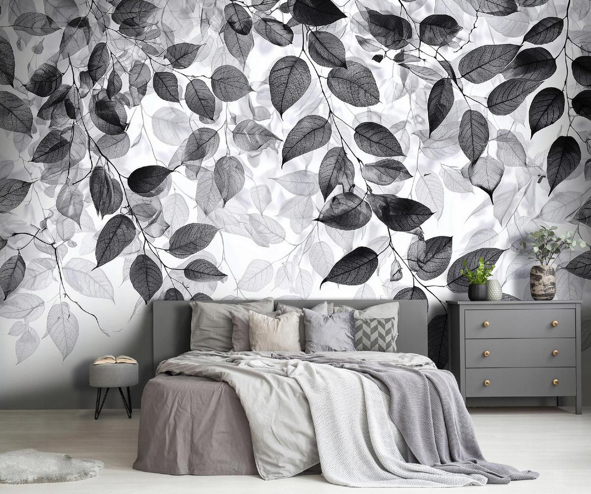 FOTOTAPETE Blätter Schwarz Weiß Wohnzimmer 200x140 - Multicolor, Papier (200/140cm) - Wallarena