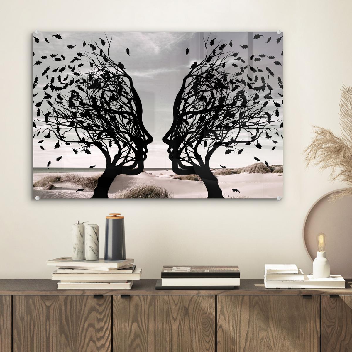 ACRYLGLASBILD Strand - Meer - Menschen - Baum - Moderne Kunst Wanddeko 60x40 cm - Hellgrau, Glas (60/40cm) - MuchoWow