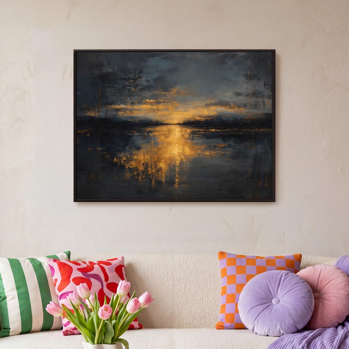 LEINWAND Bilder mit Rahmen - Goldene Reflexion auf dem Wasser - 70x50 - Anthrazit, Textil (70/50cm) - MuchoWow