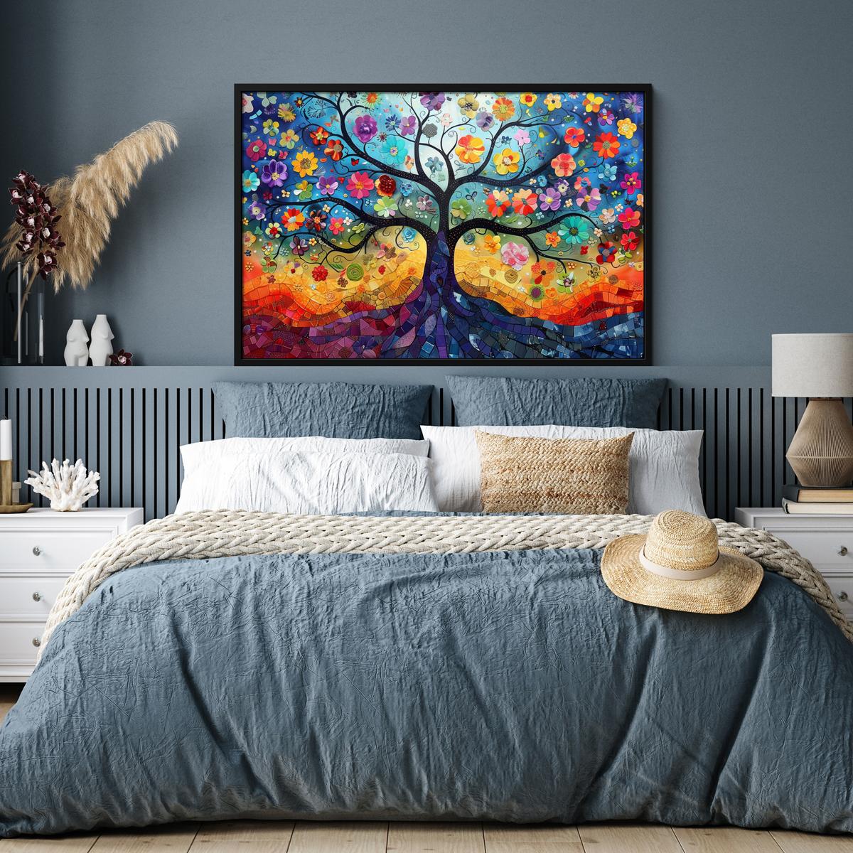 POSTER MIT RAHMENGERAHMTES BILD Kunst - Baum des Lebens - Blumen - Hippie 120x80 cm - Dunkelblau, Papier (120/80cm) - MuchoWow