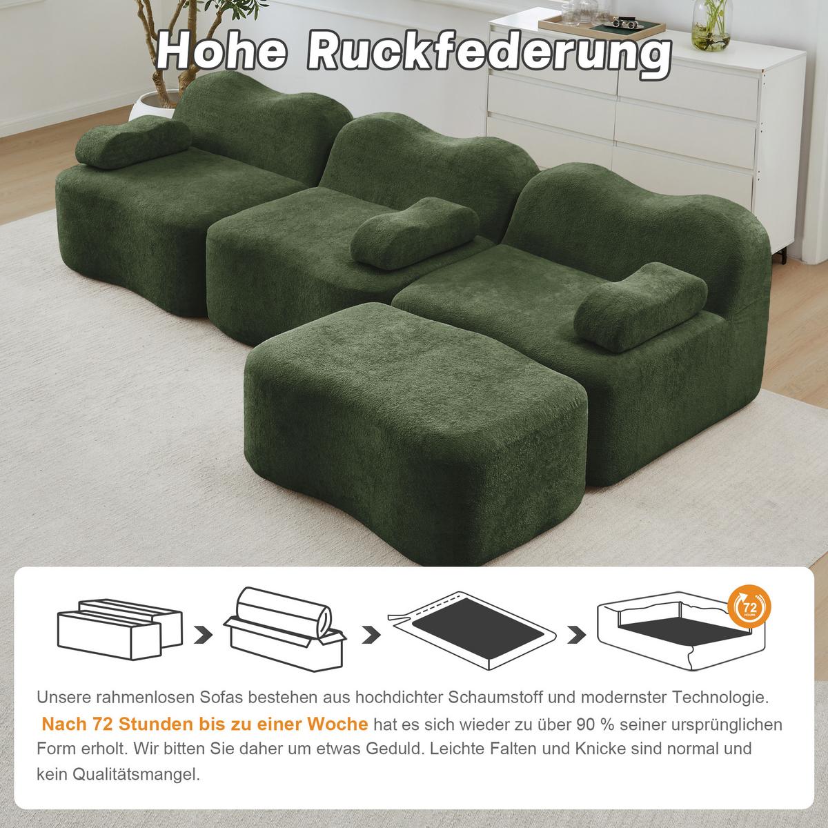 ECKSOFA L-Form Boneless Samt mit Ottoman - Grün, Textil (288/167cm) - Urban Meuble