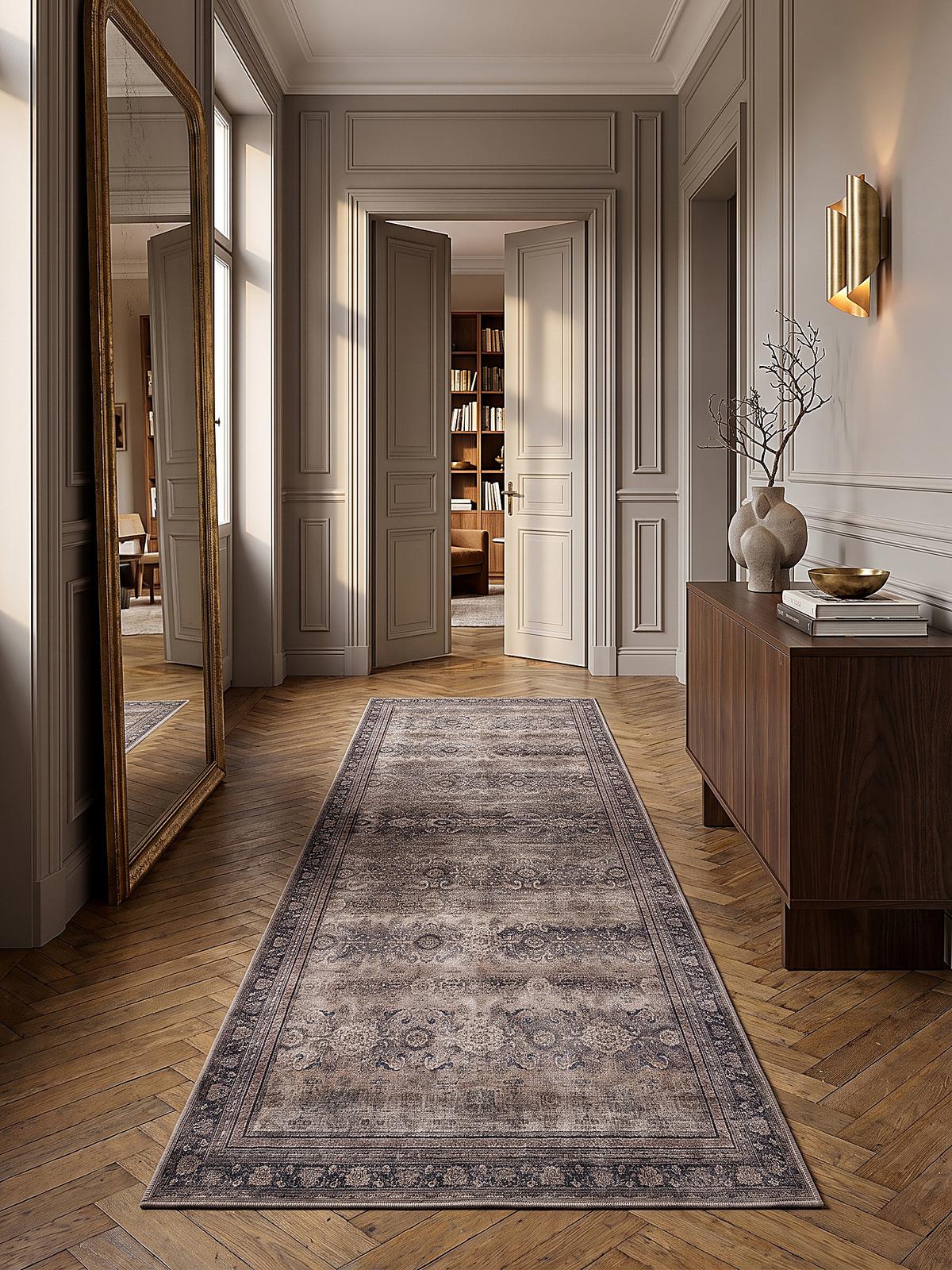 LÄUFER waschbar, mit floralen Ornamenten, VERNANTE in Braun-Grau, 80 x 250 cm - Braun, Textil (80/250cm) - KADIMA DESIGN