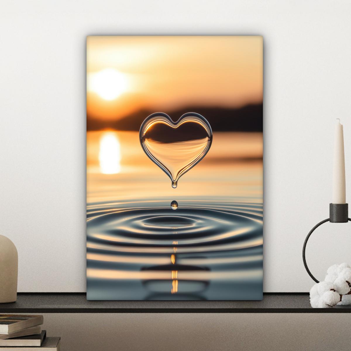 LEINWANDBILD Herz - Wasser - Sonnenuntergang - Natur - Zen Deko Wohnzimmer 20x30 cm - Bernsteinfarben, Textil (20/30cm) - MuchoWow