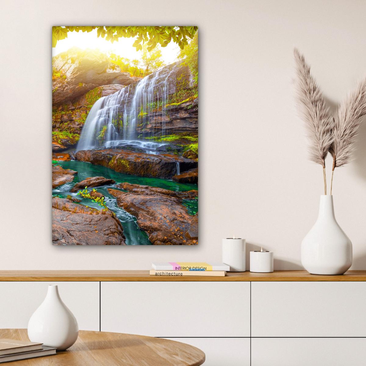 LEINWANDBILD Natur - Wasserfall - Pflanzen - Bäume - Sonne Wanddeko 40x60 cm - Olivgrün, Textil (40/60cm) - MuchoWow