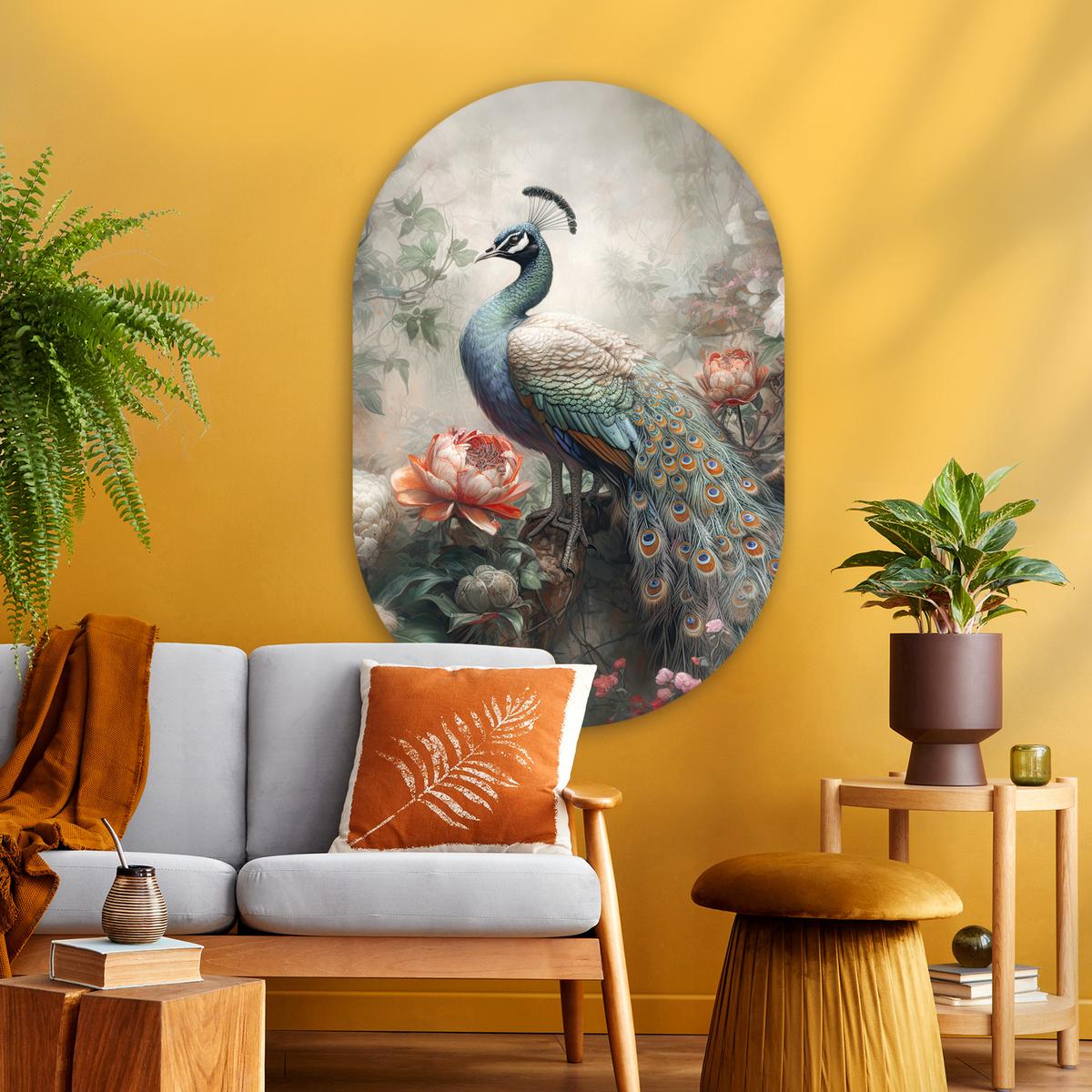 WANDBILD Pfau - Pfauenfedern - Vogel - Dschungel - Blumen Deko Groß 80x120 cm - Smaragdgrün, Kunststoff (80/120cm) - MuchoWow