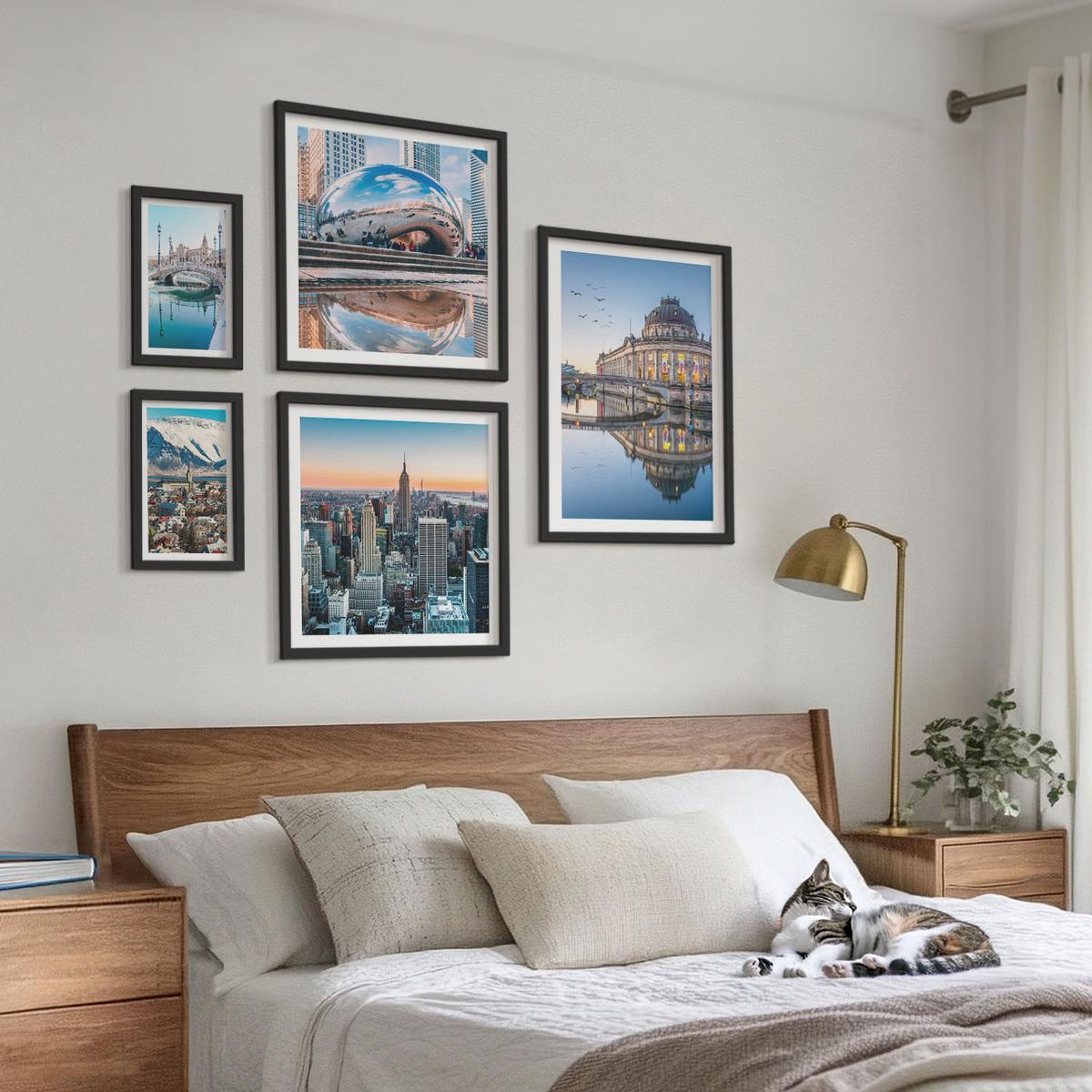 BILDER SET 5er Set - 50x50 cm & 20x30 cm & 40x60 cm Schwarzer Rahmen - Architektur von Städten am Wasser - Schwarz, Kunststoff (40/60cm) - TULUP