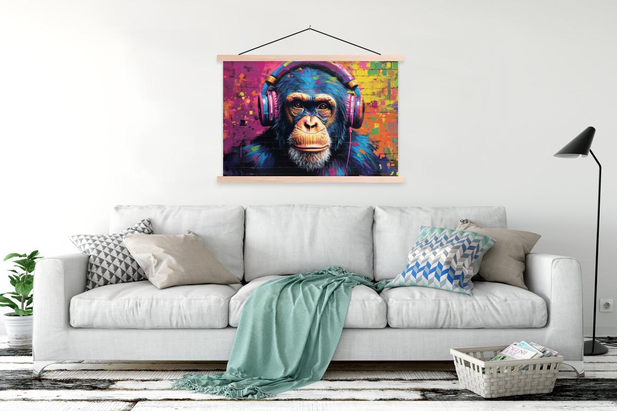 POSTER MIT MAGNETLEISTEN Graffiti - Schimpanse - Straßenkunst - Kopfhörer - Affe Magnetleiste 120x80 cm - Blau, Textil (120/80/0.15cm) - MuchoWow