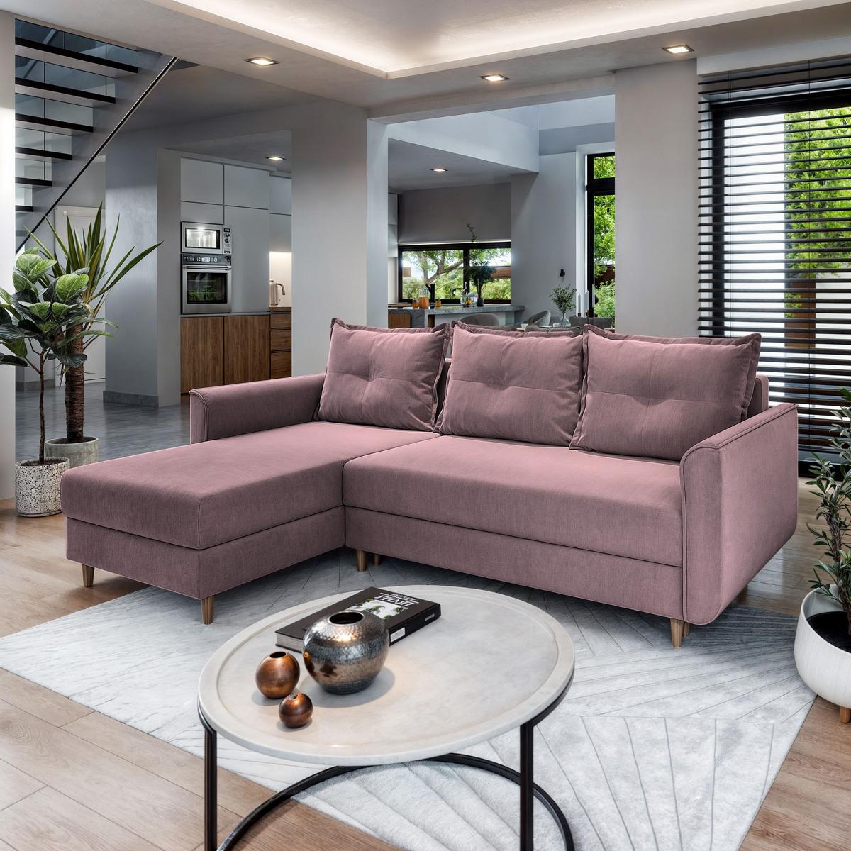 ECKSOFA PISAN L-S Rosa Plüsch-Stoff mit Schlaffunktion - Rosa/Braun, Holz/Textil (220/140cm) - MASSENO