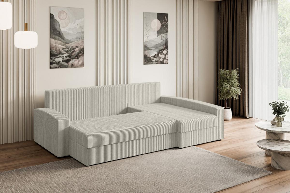 ECKSOFA mit Schlaffunktion und Bettkasten ALESIA-L 231x140x90 cm Creme Cord - Silberfarben/Hellgrau, Holzwerkstoff/Kunststoff (231/140cm) - ALTDECOR