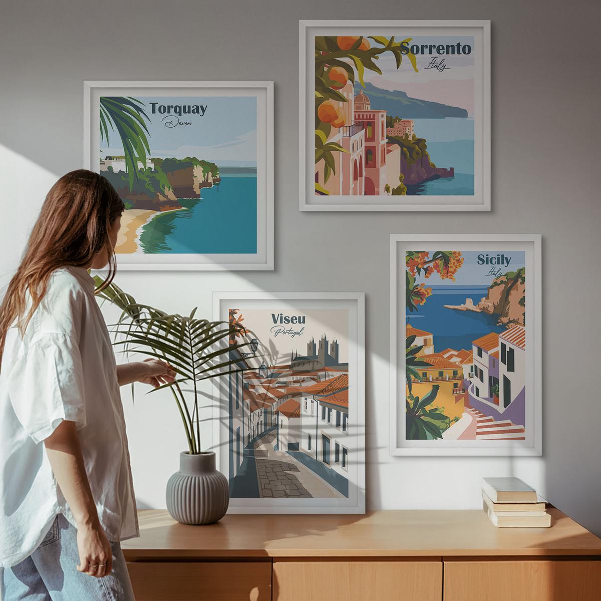 BILDER SET 4er Set - 50x50 cm & 40x60 cm Weißer Rahmen - Retro-Illustrationen von Weltstädten - Weiß, Kunststoff (50/50cm) - TULUP