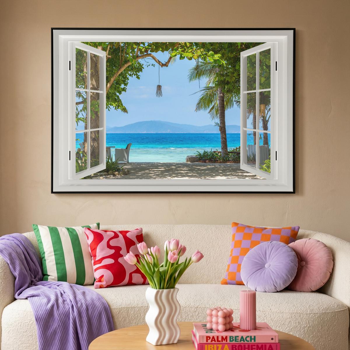 LEINWAND Bilder mit Rahmen - Aussicht - Baum - Meer - Palme - Hügel - Strand - Blau - 140x90 - Blau, Textil (140/90cm) - MuchoWow