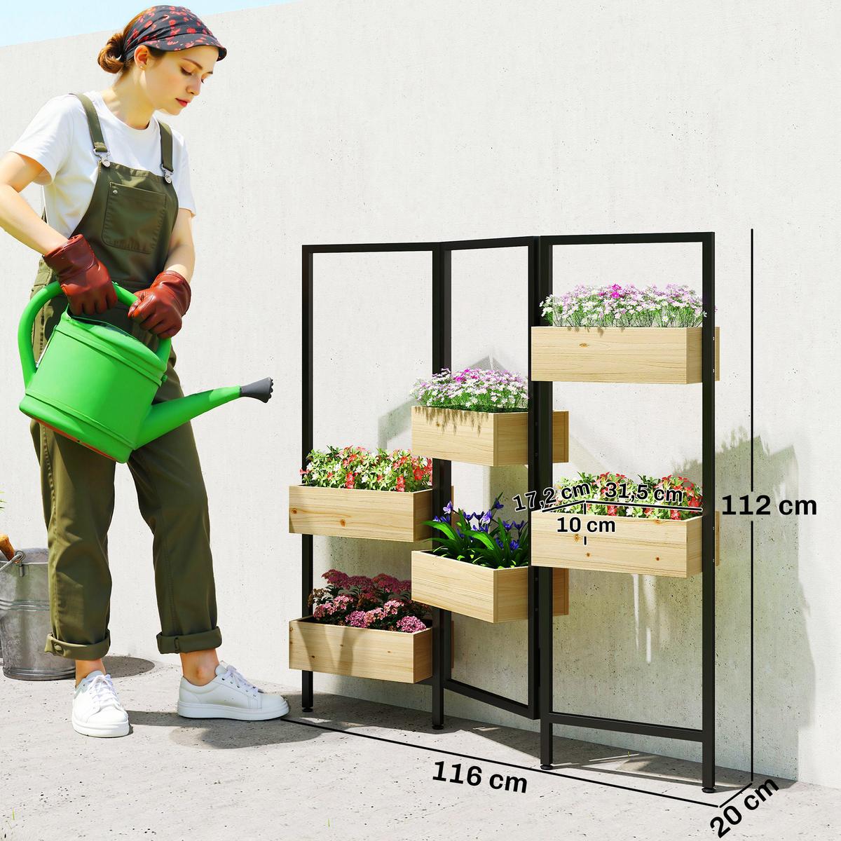 BLUMENTREPPE aus Tannenholz & Stahl, Schwarz - Naturfarben, Holz/Metall (20/112/116cm) - Outsunny