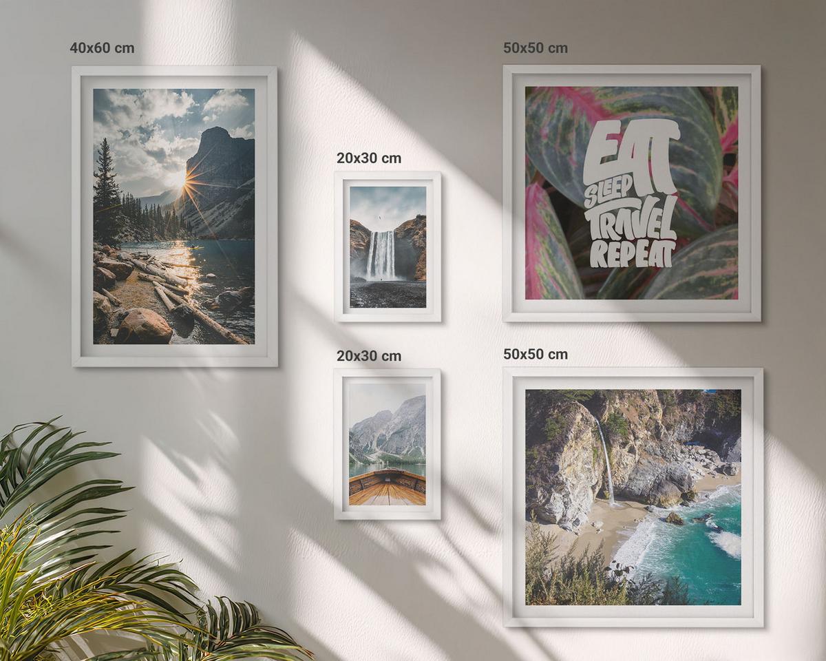 BILDER SET 5er Set - 50x50 cm & 20x30 cm & 40x60 cm Weißer Rahmen - Wasserfall Bergreise Natur - Weiß, Kunststoff (40/60cm) - TULUP