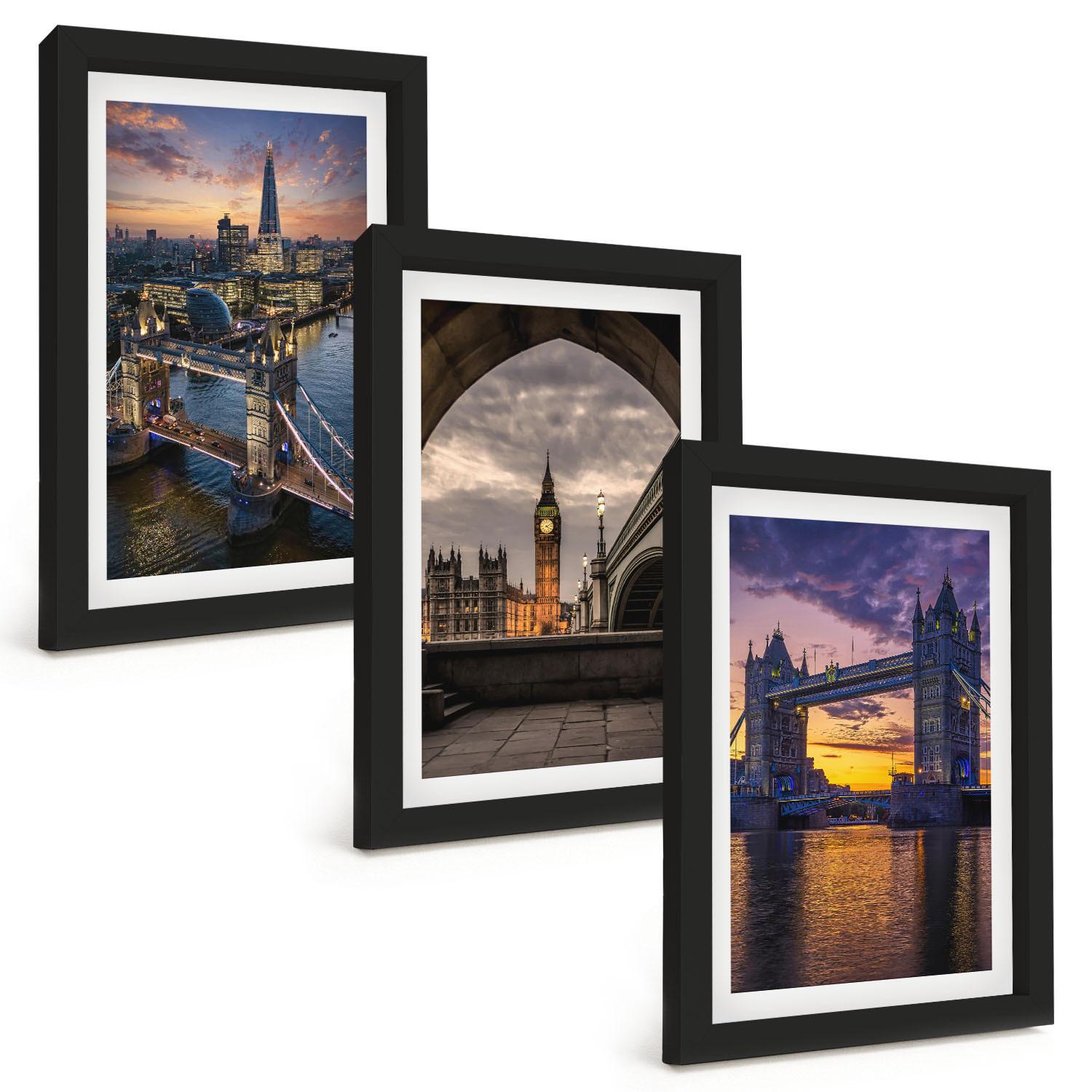 BILDER SET 3er Set - 20x30 cm Schwarzer Rahmen - Stadtbrücken, Uhrtürme - Schwarz, Kunststoff (20/30cm) - TULUP