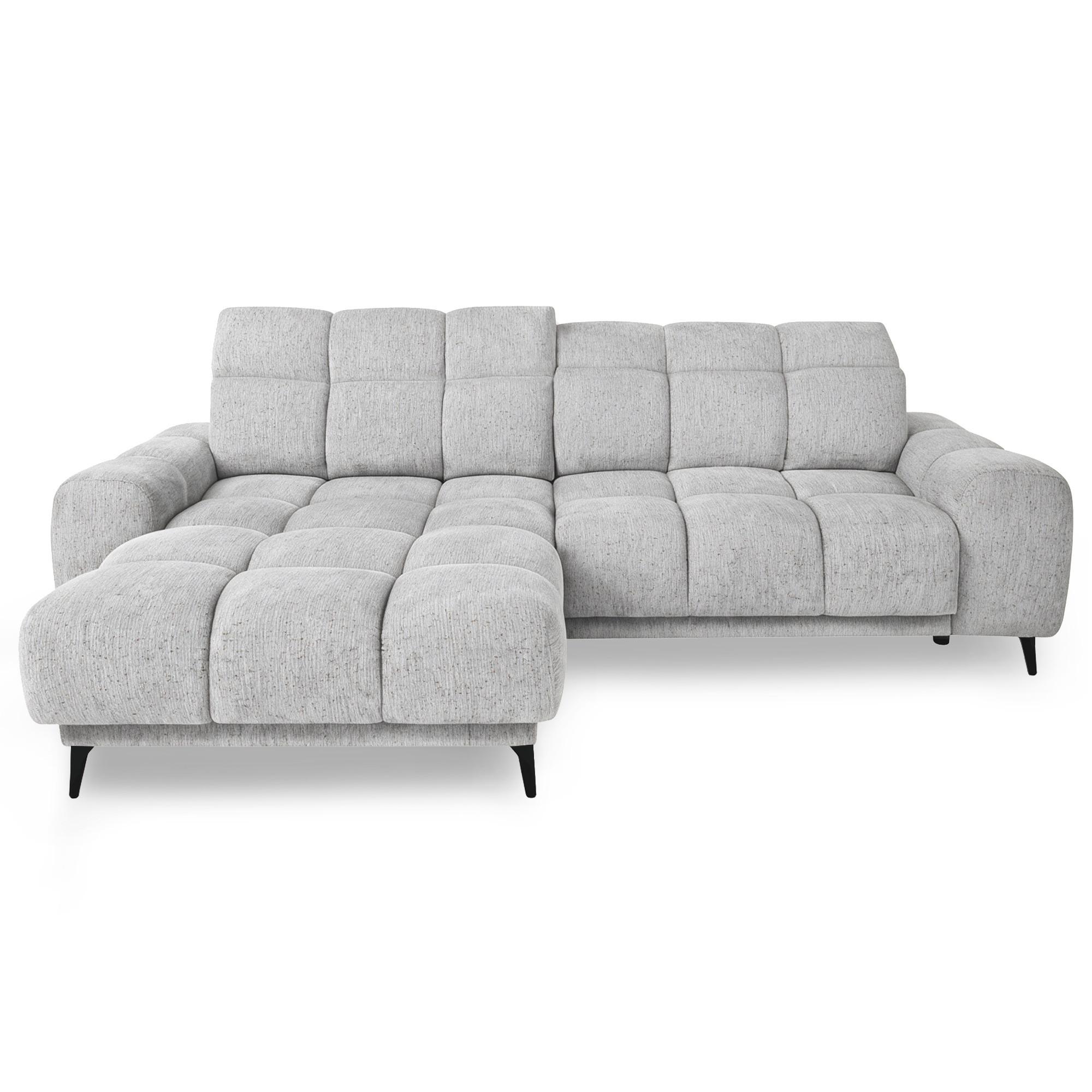 ECKSOFA Marco Mini mit elektrisch ausfahrbarem Sitz und verstellbaren Kopfstützen, Links, Chenille-Stoff, Hellgrau - Hellgrau/Schwarz, Textil (275/182cm) - Beautysofa