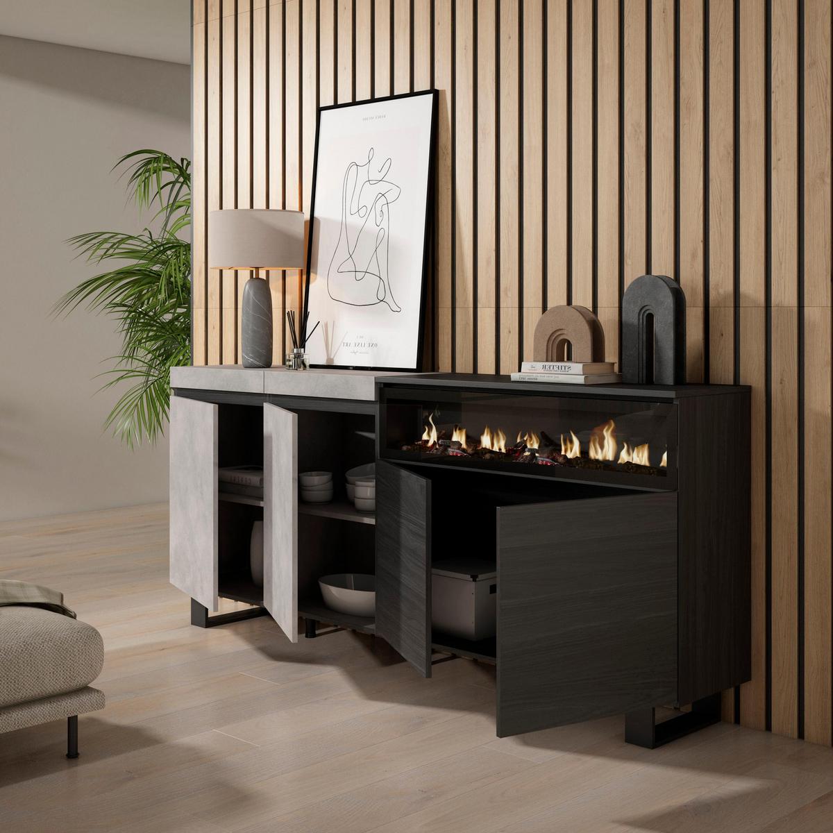 SIDEBOARD Elektrokamin, zementgrau, 200/35/87cm - Schwarz/Grau, Holzwerkstoff (200/87/35cm) - Skraut Home