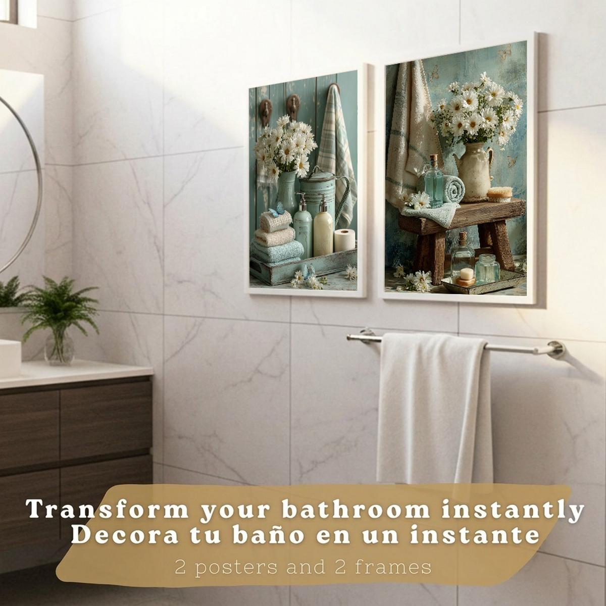 POSTER Set mit 2 dekorativen Badezimmer-Drucken, Shabby Chic Blumenposter für Wand, Waschbecken, romantische Dekoration mit Blumen Weißer Rahmen A3 - Weiß, Papier (42/29.7/3cm) - Nacnic