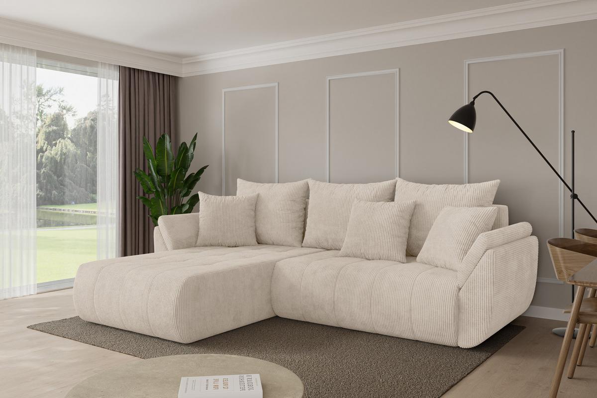 ECKSOFA mit Schlaffunktion Ottomane Links TOKO-L 277x194x86 Beige Cord - Beige/Schwarz, Holzwerkstoff/Kunststoff (277/194cm) - ALTDECOR