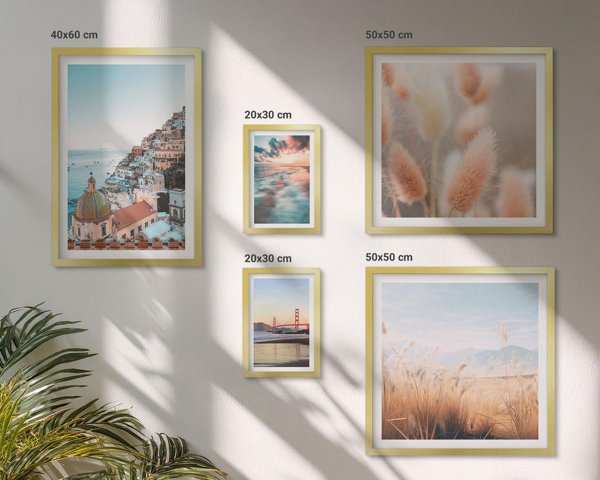 BILDER SET 5er Set - 50x50 cm & 20x30 cm & 40x60 cm Goldrahmen - Sonnenuntergang am Meer, Häuser, Blumen - Goldfarben, Kunststoff (40/60cm) - TULUP