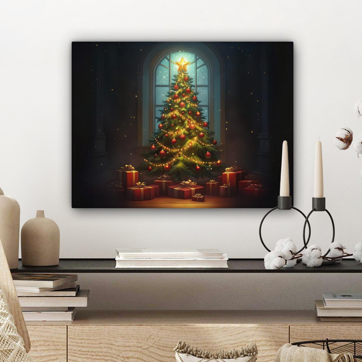 LEINWANDBILD Weihnachtsbaum - Geschenk - Winter Wandbild 40x30 cm - Grün, Textil (40/30cm) - MuchoWow