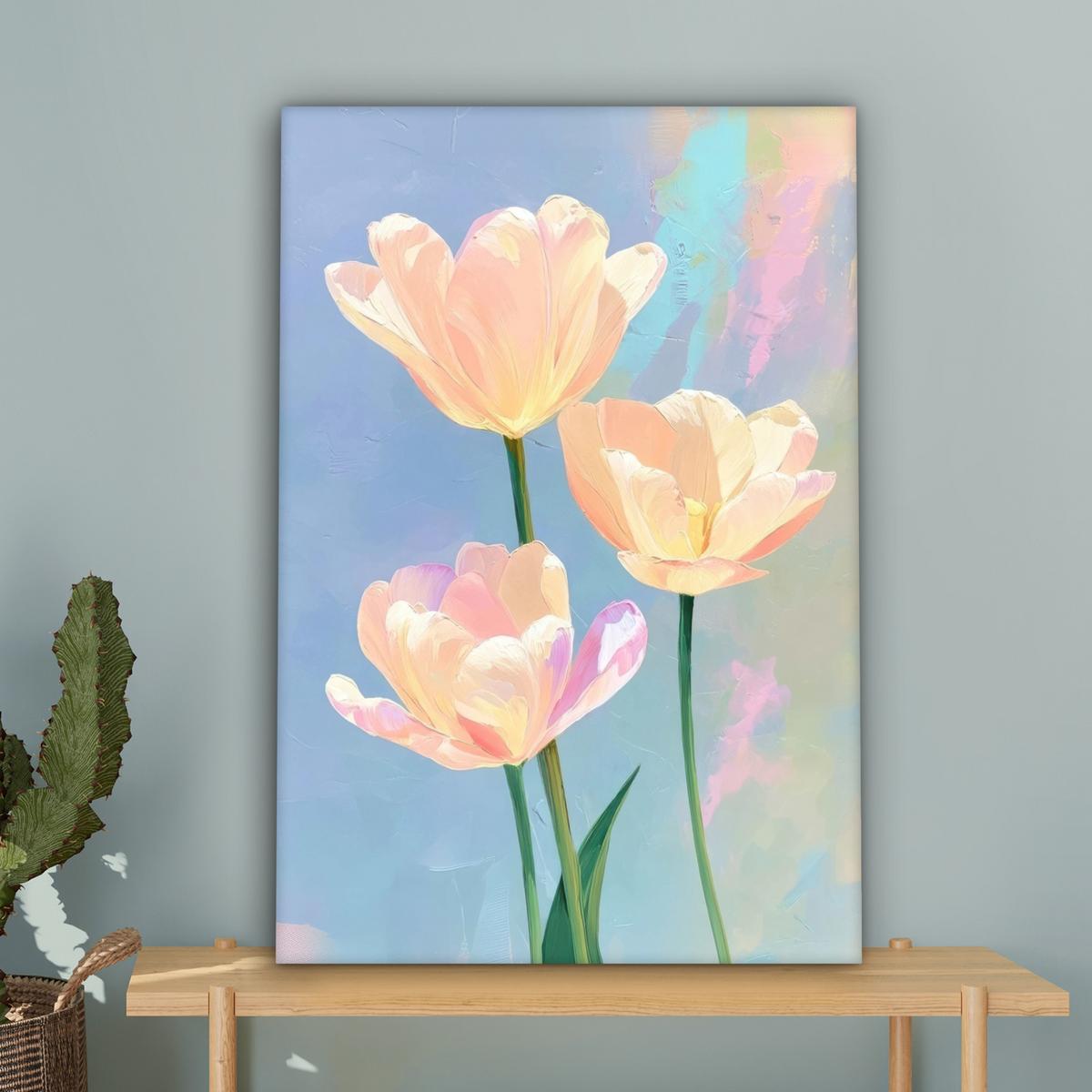 LEINWANDBILD Tulpen - Rosa Akzente - Blau Wanddeko 40x60 cm - Pastellblau, Textil (40/60cm) - MuchoWow