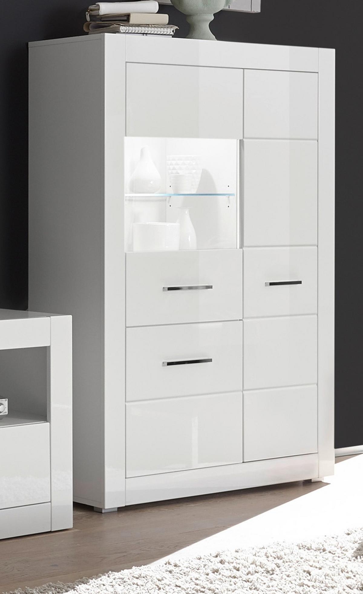 VITRINE weiß Hochglanz 100 x 142 cm, Highboard mit Chrom-Metallgriffen - Weiß Hochglanz/Silberfarben, Glas/Holzwerkstoff (100/142/35cm) - Furn.Design