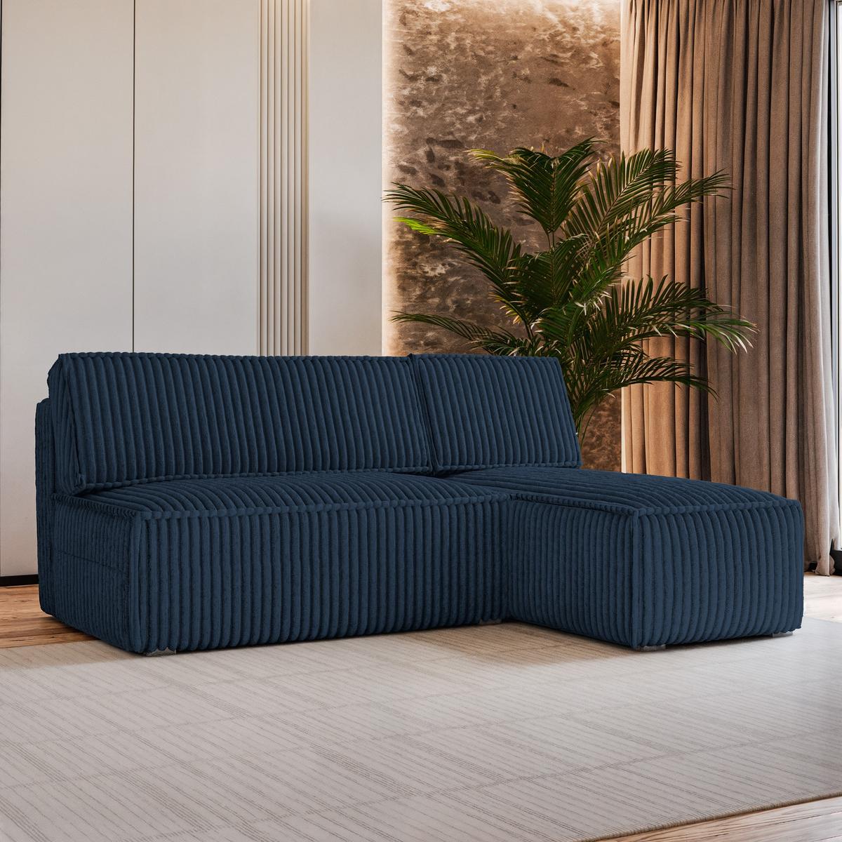 ECKSOFA BRISO T Blau Kordstoff mit Schlaffunktion - Blau/Grau, Holz/Kunststoff (200/140cm) - MASSENO