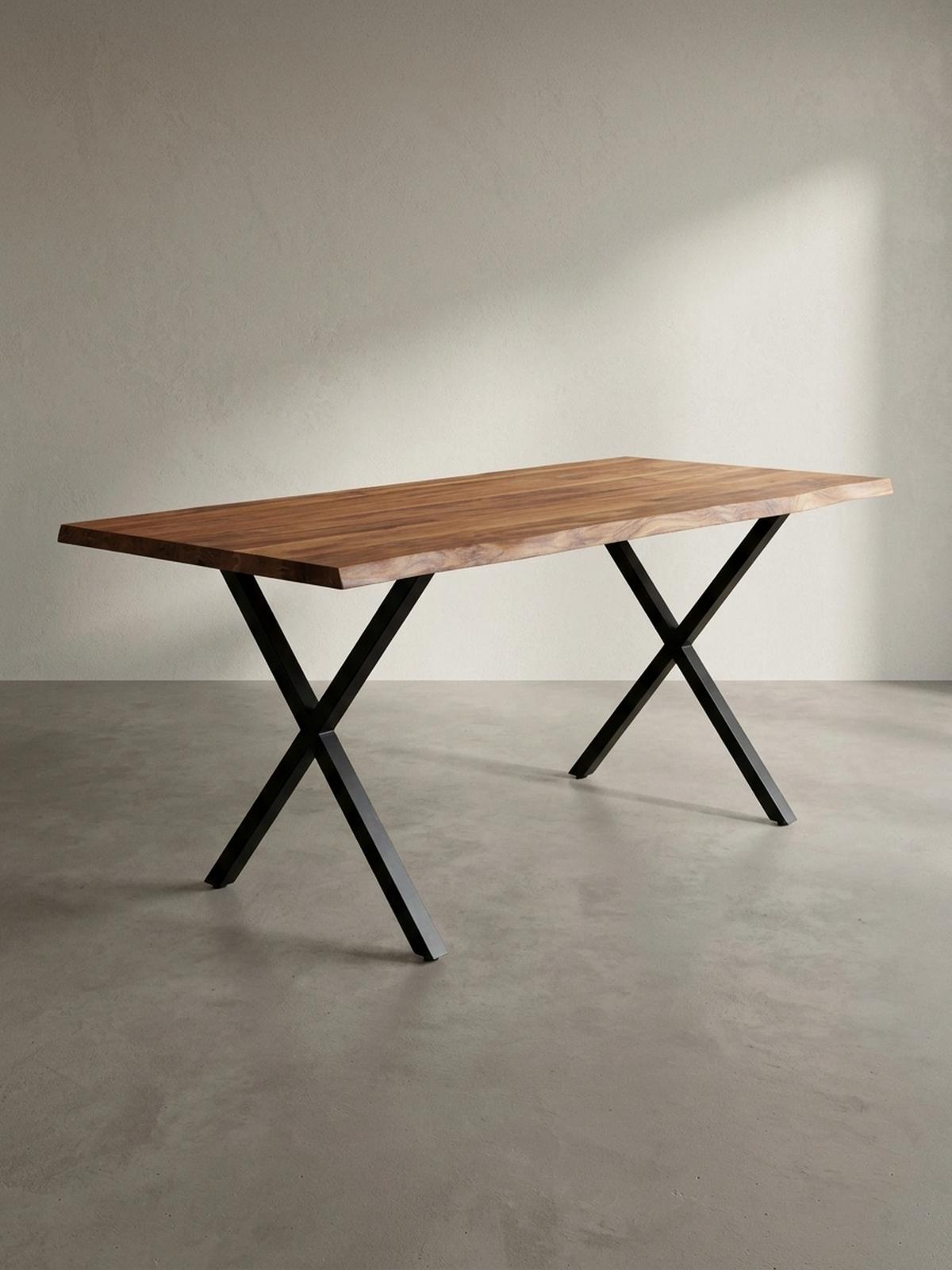 SCHREIBTISCH Massivholz X-Gestell Baumkante Handgefertigt KRETA, Goldbraun-Schwarz 200x100x76 cm - Schwarz/Braun, Holz/Metall (100/200/76cm) - KADIMA DESIGN