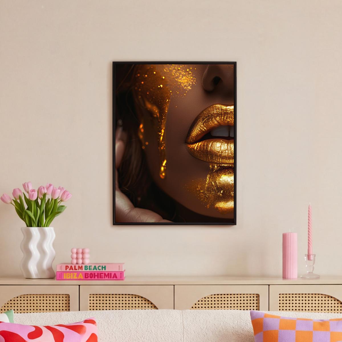 LEINWAND Bilder mit Rahmen - Frau - Gold - Luxus - Porträt - 60x80 - Goldfarben, Textil (60/80cm) - MuchoWow