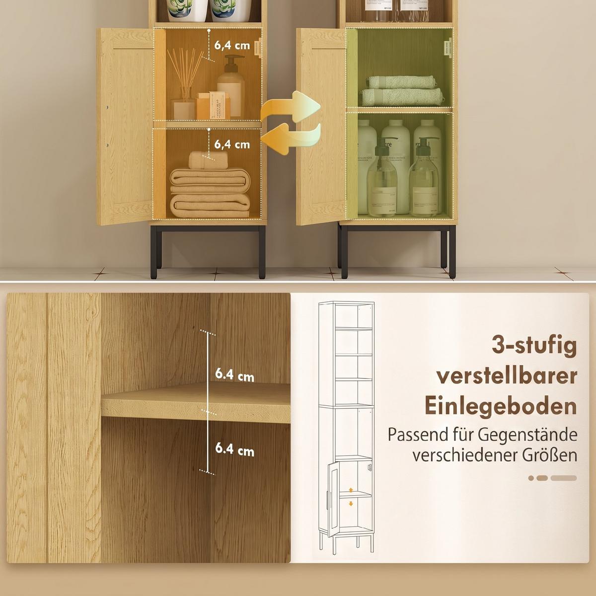 BADEZIMMERSCHRANK Spanplatte Stahl Naturholz - Schwarz/Naturfarben, Holzwerkstoff/Kunststoff (30/164/30cm) - HOMCOM