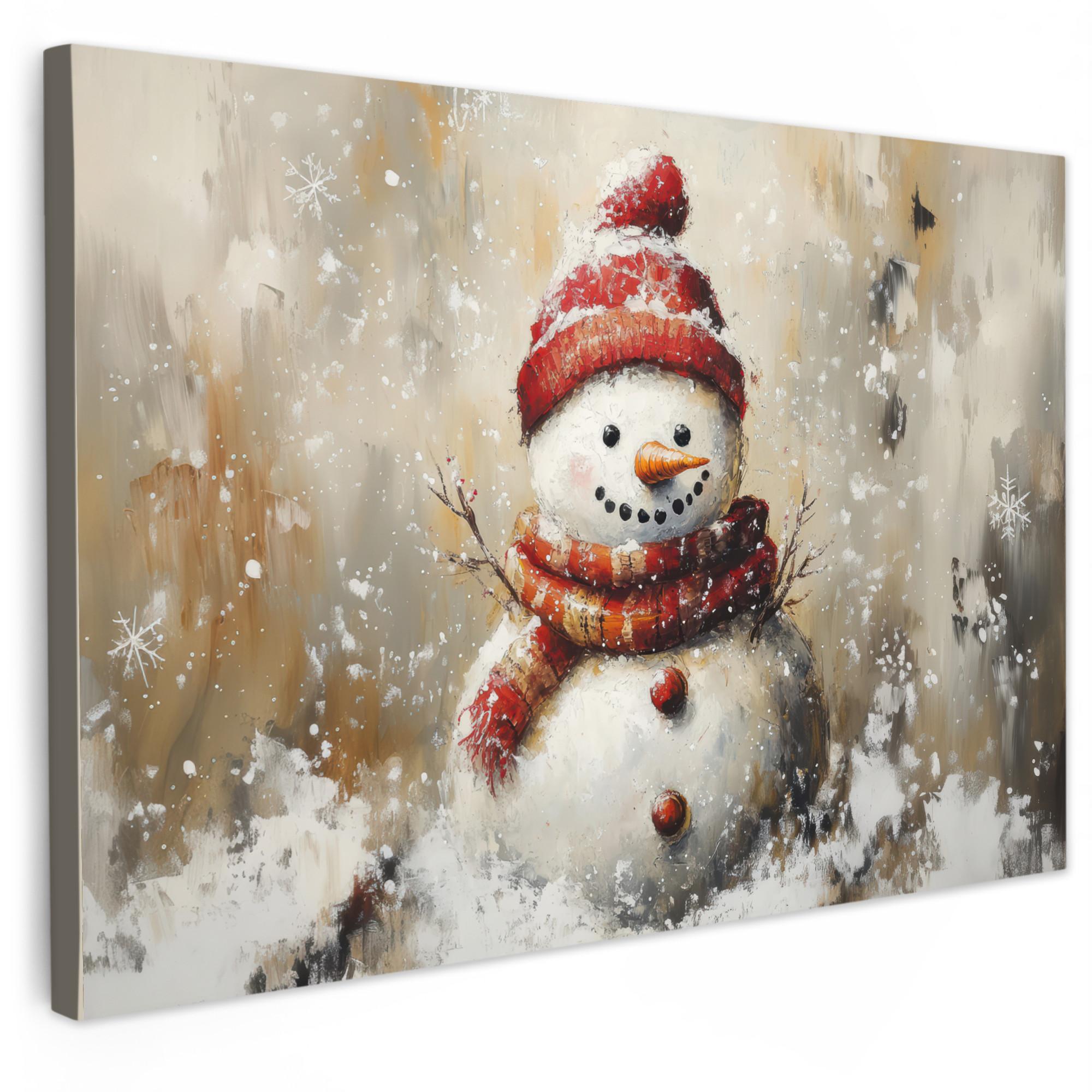 LEINWANDBILD Schneemann - Winter - Schnee - Beige Wanddeko 90x60 cm - Weiß, Textil (90/60cm) - MuchoWow