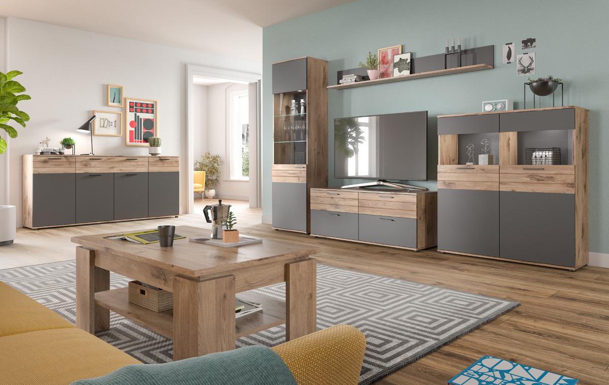 SIDEBOARD Eiche, grau 200 cm, KOMMODE mit Soft-Close, Wohn- und Esszimmermöbel - Eichefarben/Schwarz, Holzwerkstoff/Kunststoff (200/91/40cm) - Inn.Furn