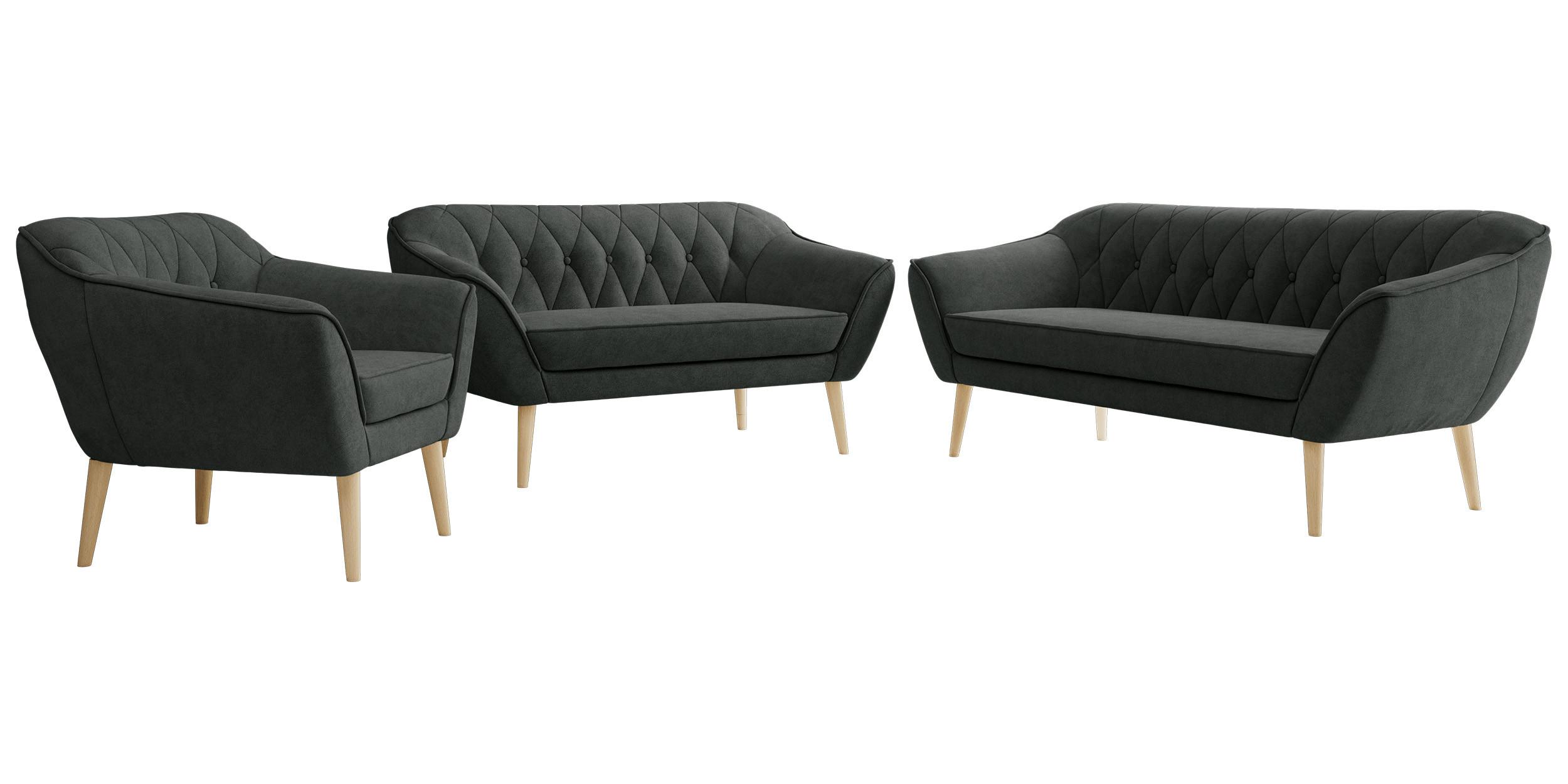 SITZGARNITUR PIRS 3+2+1 - Dunkelgrau Strukture - Holzbeine - Dunkelgrau/Buchefarben, Holzwerkstoff/Textil (180/75/74cm) - MKS