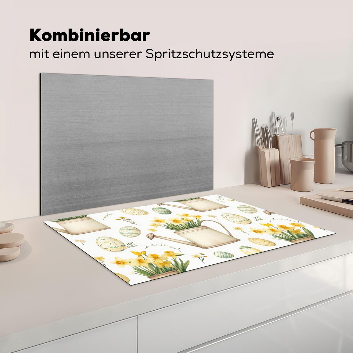 HERDABDECKPLATTE Gießkanne - Blumen - Eier Induktionsmatte 77x51 cm - Weiß, Kunststoff (77/51/0.2cm) - MuchoWow