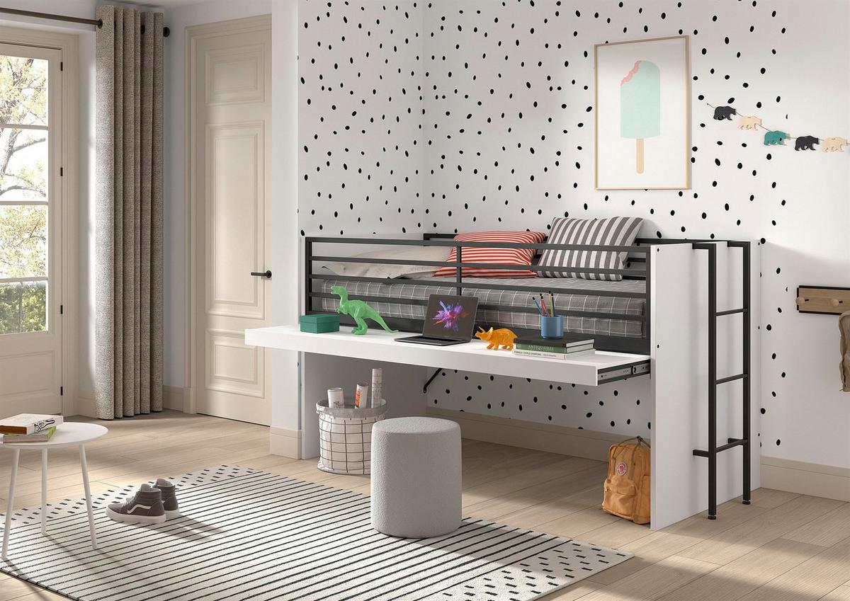 HALBHOCHBETT 90x200 Keelia Weiß mit Schreibtisch Stauraum - Weiß, Kunststoff (90/200cm) - 58aufmkessel