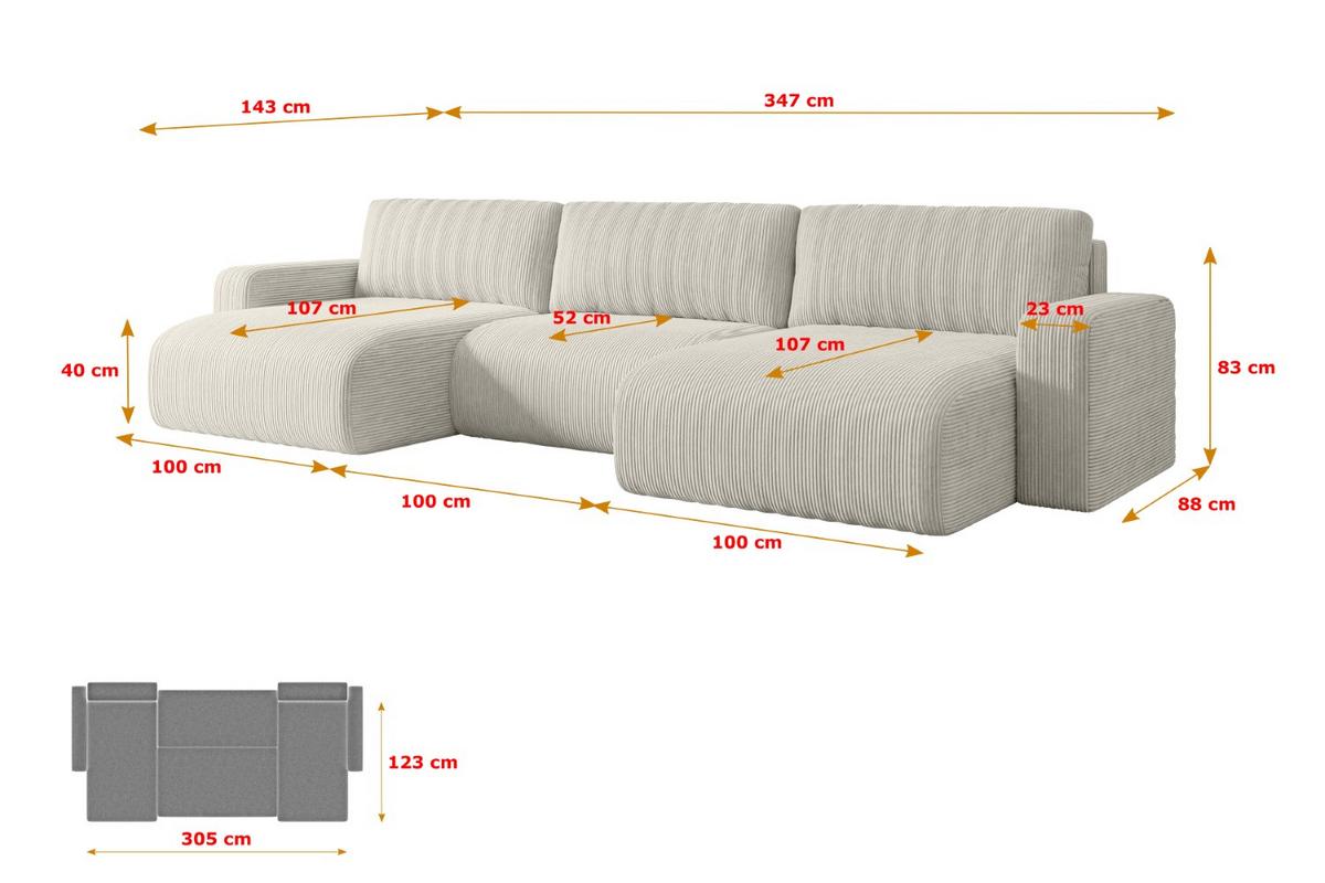 WOHNLANDSCHAFT mit Schlaffunktion und Bettkasten KLEEA-U - 347x143x83 cm Creme Cord - Hellgrau/Creme, Holzwerkstoff/Kunststoff (347/83/143cm) - ALTDECOR