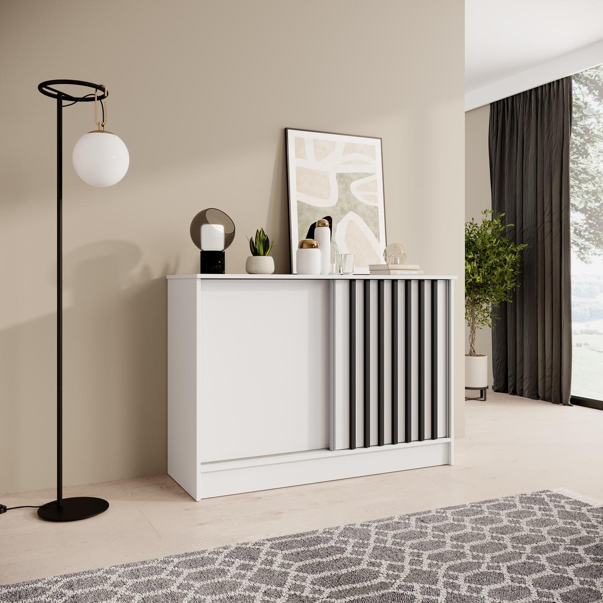 KOMMODE Horizon mit 2 Schiebetüren, Weiß, 120 cm - Schwarz/Weiß, Holzwerkstoff (121/85/43.5cm) - Beautysofa