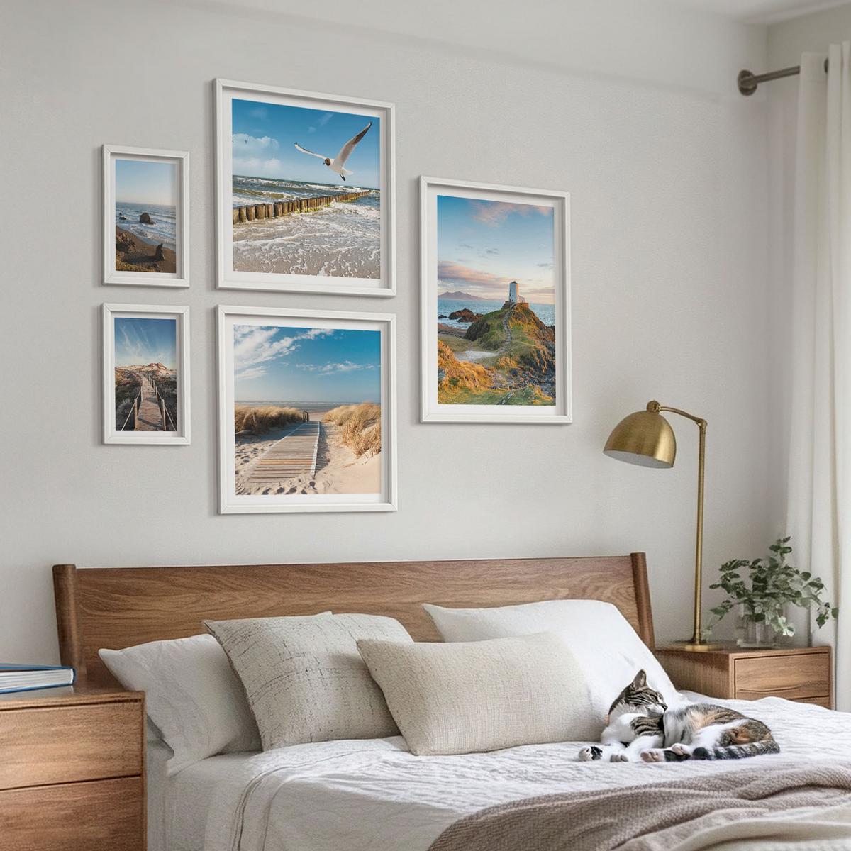 BILDER SET 5er Set - 50x50 cm & 20x30 cm & 40x60 cm Weißer Rahmen - Palmen am Meer, blaues Wasser - Weiß, Kunststoff (40/60cm) - TULUP