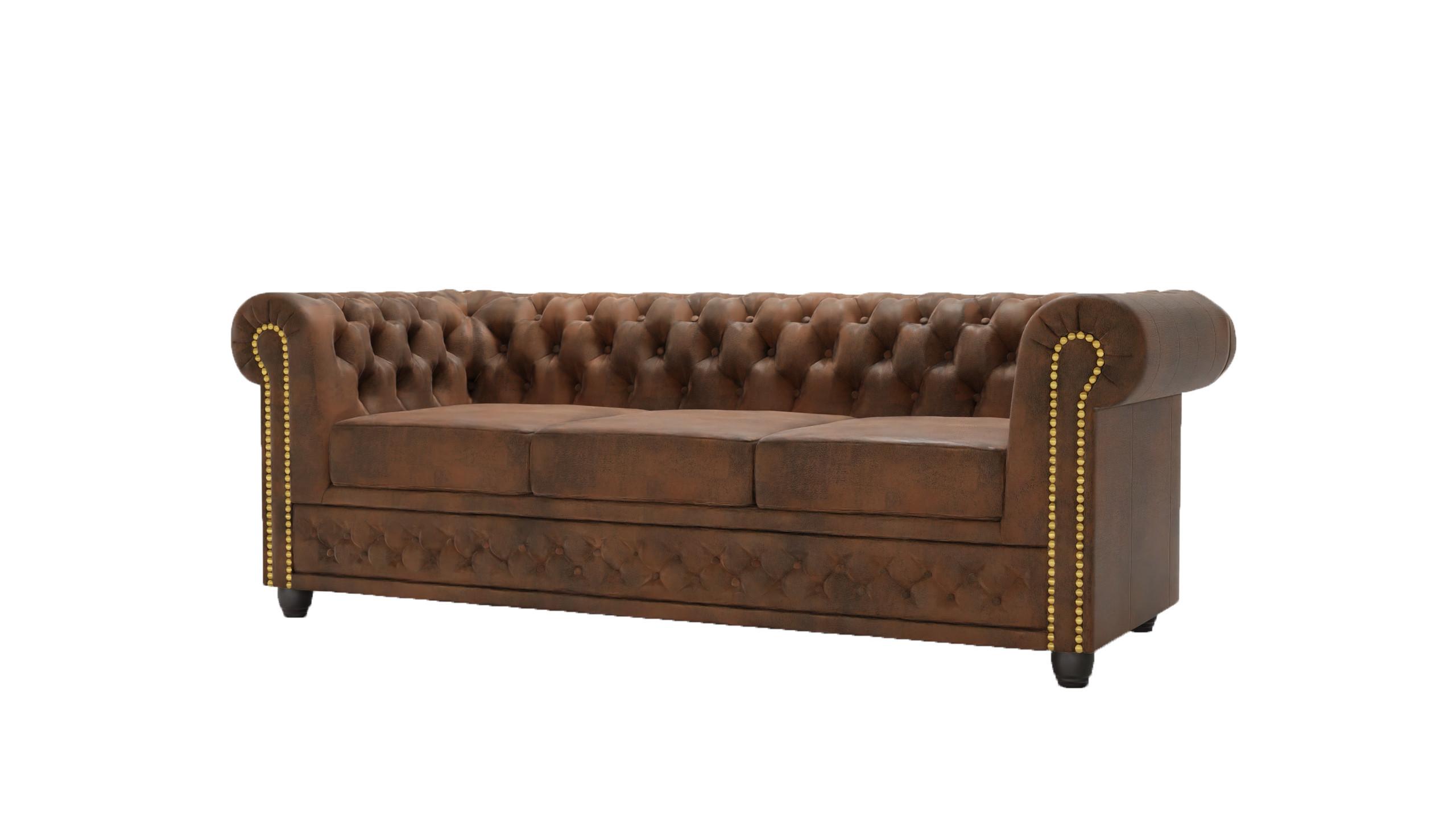 CHESTERFIELD-SOFA 3-sitzer Flux Braun Microfaser Vintageoptik - Braun, Holz/Textil (203/72/86cm) - S-Style Möbel