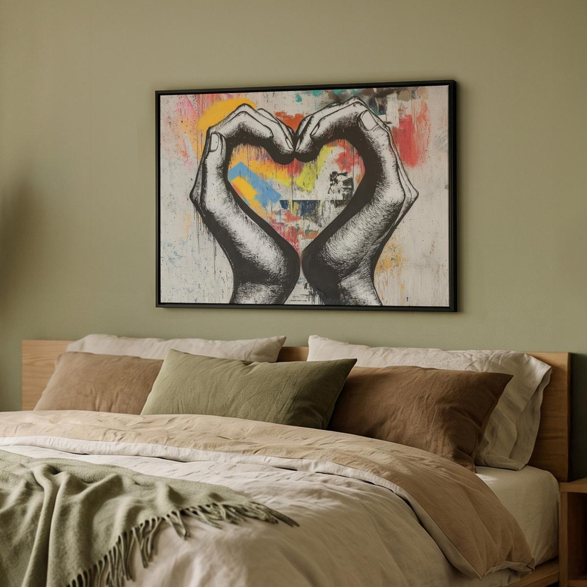 LEINWAND Bilder mit Rahmen - Hände - Herz - Straßenkunst - Graffiti - 70x50 - Multicolor, Textil (70/50cm) - MuchoWow