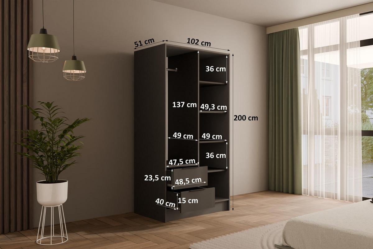 KLEIDERSCHRANK NELIA - 120 cm - Schwarz/Eiche Artisan, Holzwerkstoff (102/200/51cm) - ALTDECOR