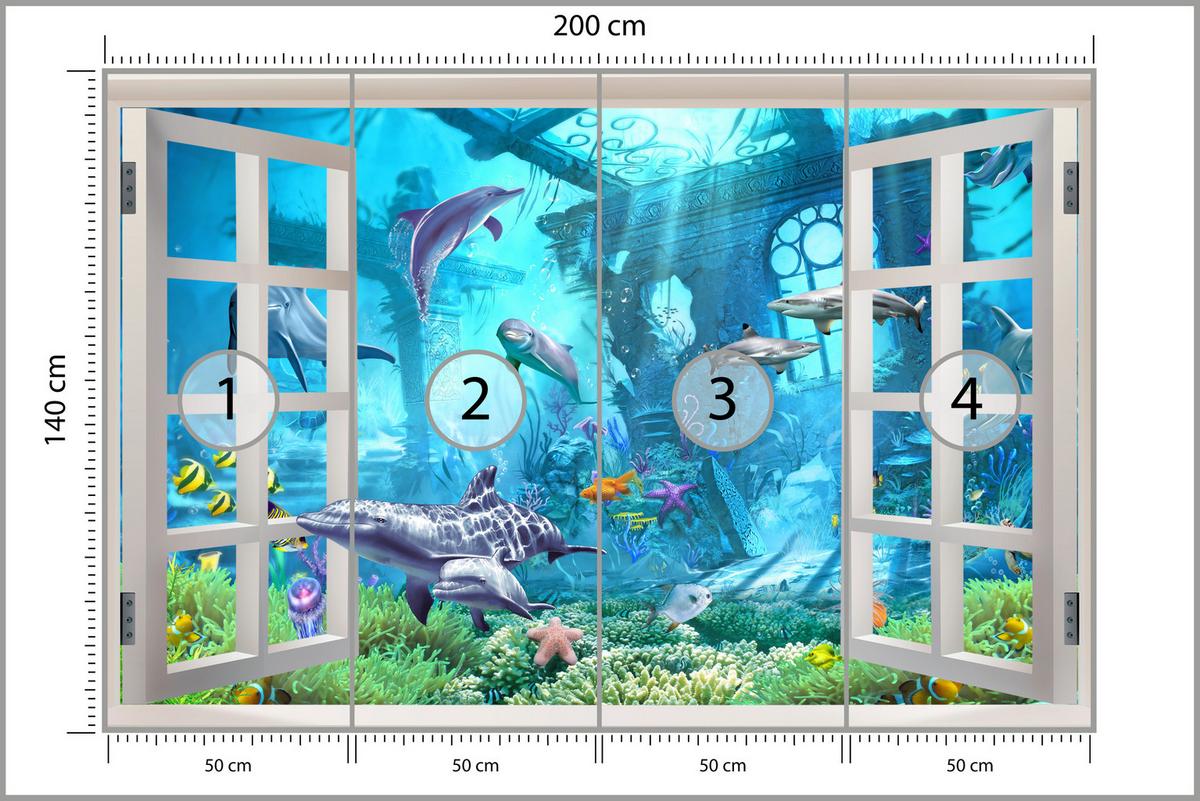 FOTOTAPETE für Schlafzimmer Fenster Unterwasserwelt Delfine Riff 200x140 - Blau/Weiß, Papier (200/140cm) - Muralo