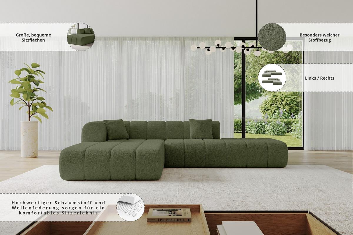 ECKSOFA Ottomane Links BILA-L 289x176x71 Grün Bouclé - Schwarz/Grün, Holzwerkstoff/Kunststoff (176/289cm) - ALTDECOR