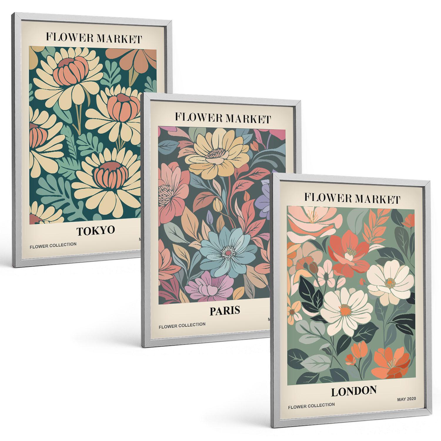 BILDER SET 3er Set - 40x60 cm Silberner Rahmen - Blumenposter Tokio Paris London - Silberfarben, Kunststoff (40/60cm) - TULUP