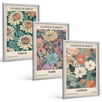 BILDER SET 3er Set - 40x60 cm Silberner Rahmen - Blumenposter Tokio Paris London - Silberfarben, Kunststoff (40/60cm) - TULUP