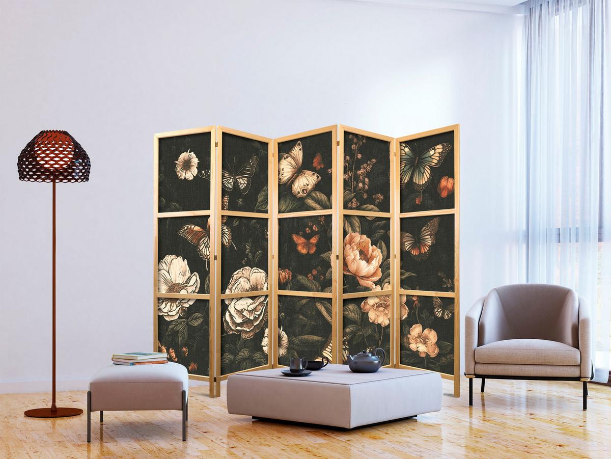 PARAVENT Japanischer 5-tlg 225x172 cm Bunte Blumen Schmetterlinge - Multicolor, Holz/Textil (225/172/3cm) - Muralo