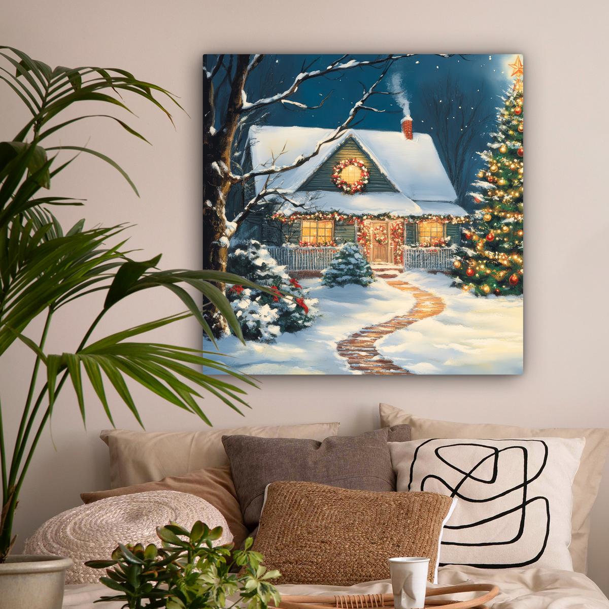 LEINWANDBILD Weihnachten - Weihnachtsbaum - Winter - Zuhause - Schnee Deko Groß 90x90 cm - Smaragdgrün, Textil (90/90cm) - MuchoWow